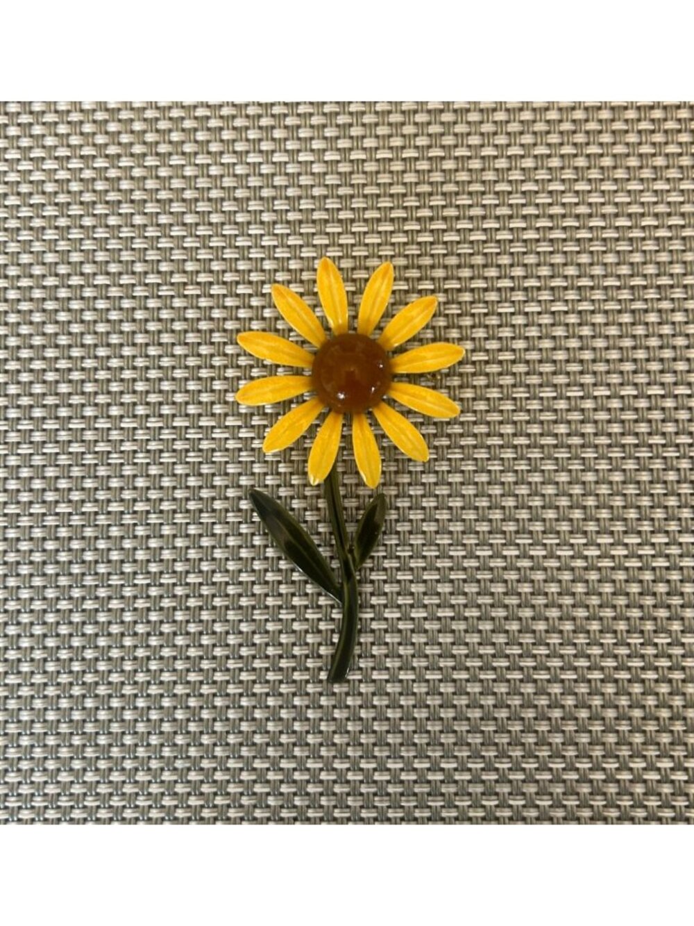 Vintage Yellow Daisy Flower Brooch Pin Green Stem Leaf Design Flower Power